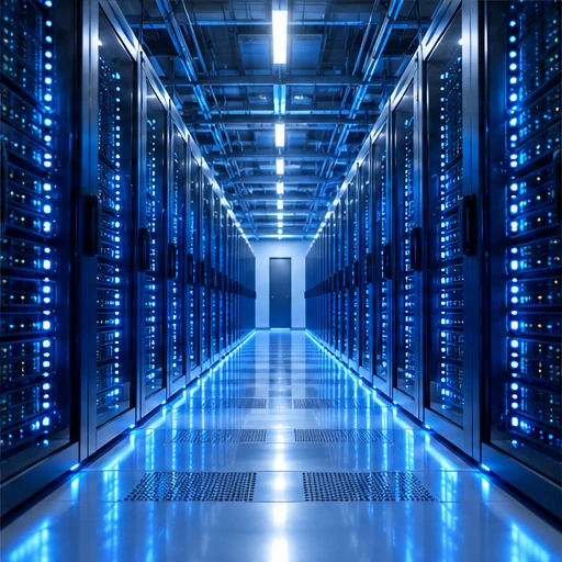 Symmetrical aisle of blue illuminated server racks