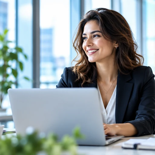Smiling professional at a laptop in a bright modern workspace